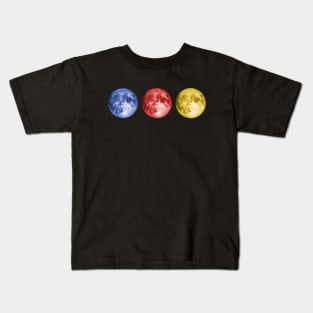 Moon in triplicate - moon photo in blue, red, and yellow Kids T-Shirt